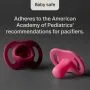 Shot of a pacifier nipple and shield with text about pacifier safety.