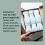 Image of someone holding an open box of Twist & Click refills on a changing table with text overlay of product USP