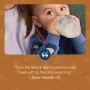 Baby wearing a milk bib and drinking from a Natural Start bottle with text overlay of customer review
