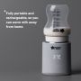 Upside down baby bottle placed on top of LetsGo bottle warmer on a grey background with product USP tagline