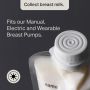 Aerial shot of a breast milk pouch lid with text about being compatible with Tommee Tippee pumps.