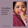 Baby holding a pacifier in their mouth with text about being the lightest pacifier.