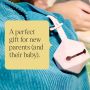 Close-up of the carry case attached to a bag strap with text about being the perfect gift.