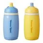 Blue and yellow insulated active spout cups against a white background