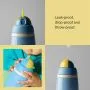 Grid of a toddler drinking from an insulated active straw cup and two close up shots of insulated active straw cups with product feature text