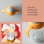 Grid of a toddler holding a trainer straw cup and two close up shots of trainer straw cups with product feature text