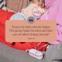 Parent expressing while holding baby behind a positive customer review.