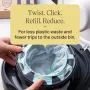 Image of someone putting a Twist & Click refill cassette into a nappy bin with text overlay of product messaging