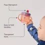 Image of a toddler holding a First Cup up in the air with pointers to the product features