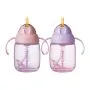 Pink and purple trainer straw cups against a white background
