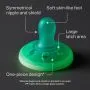 Glow in the dark pacifier with key feature pointers.