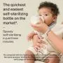 Parent feeding baby with a glass bottle with text about self-sterilization.