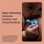 Baby holding soother against mum&apos;s breast with text about easily switching.