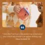 Image of a child holding a First Cup and a teddy bear by their side with text overlay of a customer review