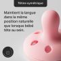 Sucette orientée vers le haut avec texte sur le bouclier et la tétine symétriques.
