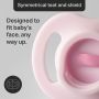Close-up of an Ultra-light soother shield with text about the comfortable design.