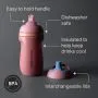 Insulated Sporty Spout and Straw Cup against a grey background with pointers to the product features and a BPA free icon
