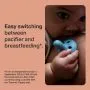 Baby leaning on mom&apos;s breast holding a paci with primary feature text.