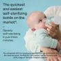 Arial shot of a parent feeding baby with an Advanced Anti-colic bottle with text about self-sterilization.
