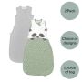 Two baby sleeping bags in pastel colours: grey and green, neatly arranged on a soft surface.