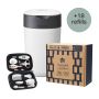 Products included in the ultimate nappy disposal bundle. Including nappy bin in white, 18 pack of refills and healthcare kit.