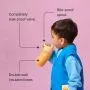 Toddler drinking from an insulated sporty spout cup against a pink background with pointers to the product key features