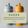 Blue and orange insulated sporty spout cups side by side against a light grey background with text overlay of a customer review
