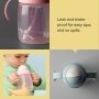 Grid of a toddler drinking from a starter straw cup and two close up shots of starter straw cups with product feature text