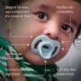 Feature text surrounding a baby with a Ultra-light StayPut pacifier.