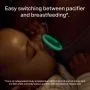 Close-up of baby with glowing pacifier and text about switching to breast and back again.