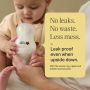 Baby holding a Natural Start bottle upside down alongside text about how it is leakproof