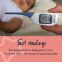 Close up of the thermometer showing a reading of 37.1 C on the screen with text explaining readings are shown in 8 seconds.