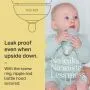 Baby holding an Advanced Anti-colic bottle upside down with text about being leak-proof.
