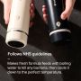 Parent holding out a hot flask and a cooling flask in each hand with text overlay about how the product follows NHS guidelines