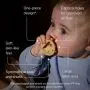 Baby with a yellow breast-like soother and key feature text.