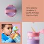 Grid style asset with three images of an on-the-go straw cup and text overlay of product messaging