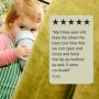 Toddler drinking from a 3-in-1 convertible cup against a blue background with text overlay of a customer review