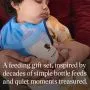 Image of baby sitting on their parents lap with a milk bib and Natural Start bottle with text overlay of product USP tagline