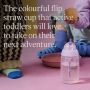 Image of a purple Active Straw cup on the floor as toddlers play with text overlay of product USP