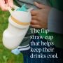 Close up of a woman carrying a baby on her hip and holding an insulated sporty straw cup with product USP tagline alongside