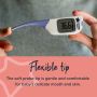 Person bending the flexible tip of the thermometer with text explaining it is soft