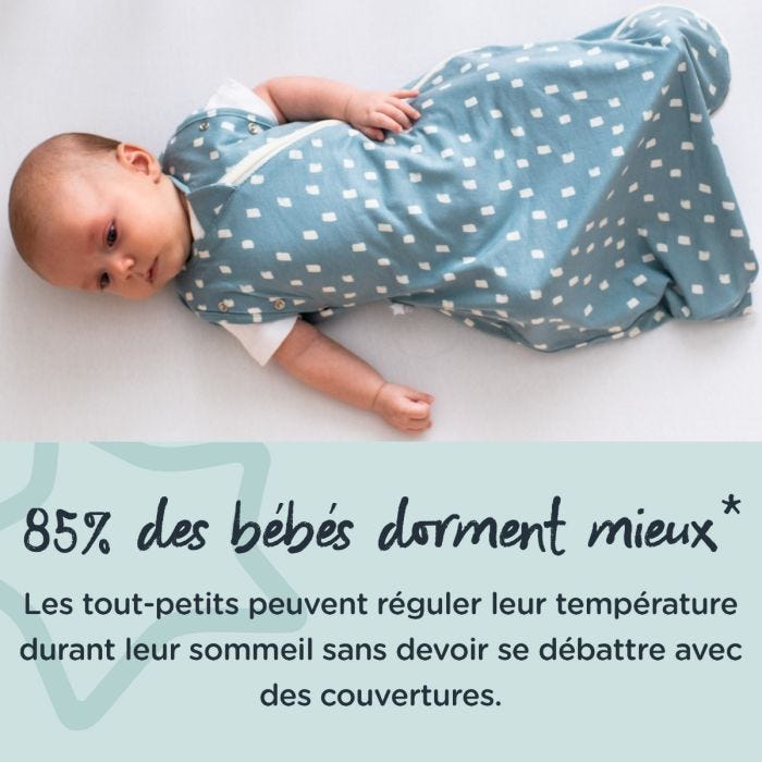 bébé couché dans un lange d&apos;emmaillotage bleu marine avec un texte sur le fait que 85 %* des bébés dorment mieux dans nos gigoteuses