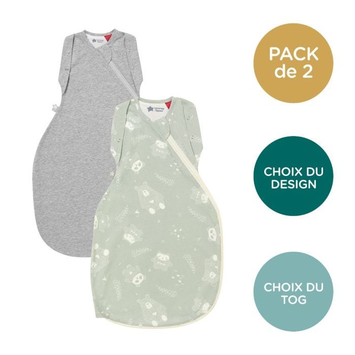 gigoteuse grise et woodland sur fond blanc avec lot de 2, choix de motifs et tog en médaillons