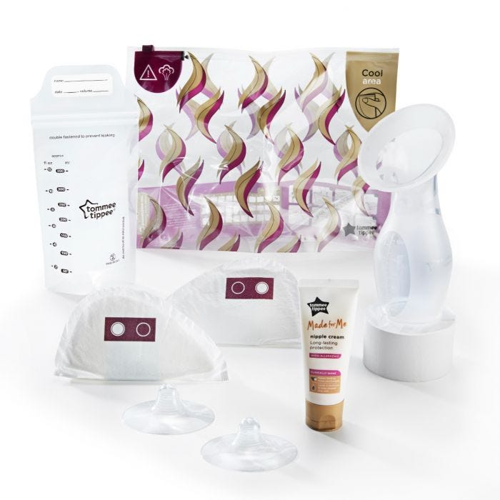 Products included in the breastfeeding start pack bundle. Including silicone breast pump, breast pads, milk storage bags and more.