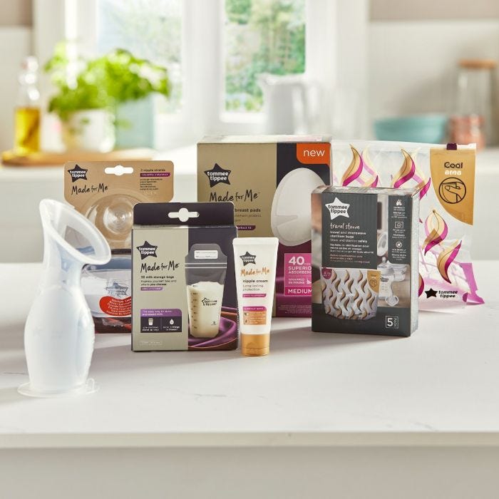 Products included in the breastfeeding start pack bundle. Including silicone breast pump, breast pads and more in kitchen.