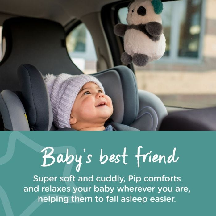 Baby looking up at sleep aid smiling next to text stating that it is baby’s best friend.