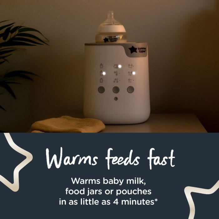 Baby bottle inside bottle warmer with text about how it warms feeds fast