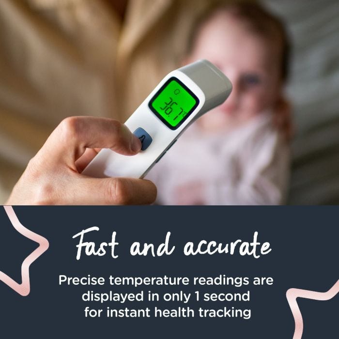 FAST AND ACCURATE Hand holding thermometer pressing the temperature button in the foreground, with baby on parents knee in the background.