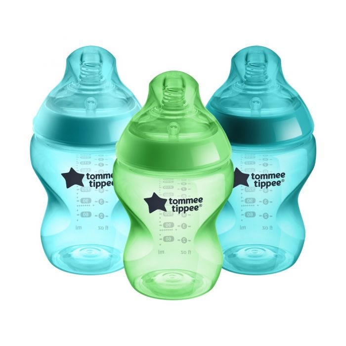 3 Closer to Nature baby bottles in green, blue and turquoise on a white background.