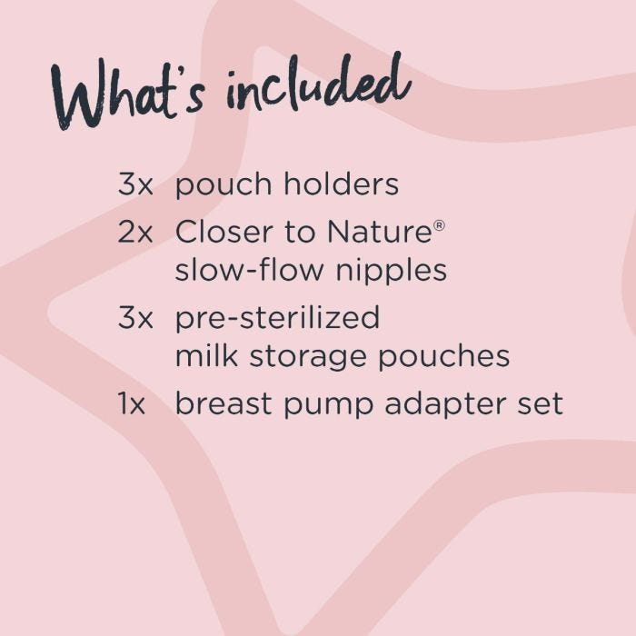 Text about what’s included in the Breast Milk Starter Set on a pink background